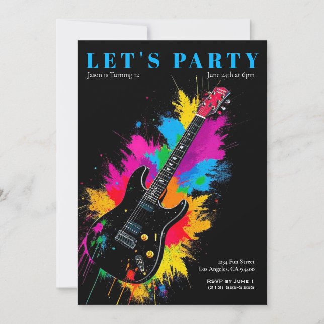 Invitación a la fiesta de cumpleaños de guitarra e (Anverso)