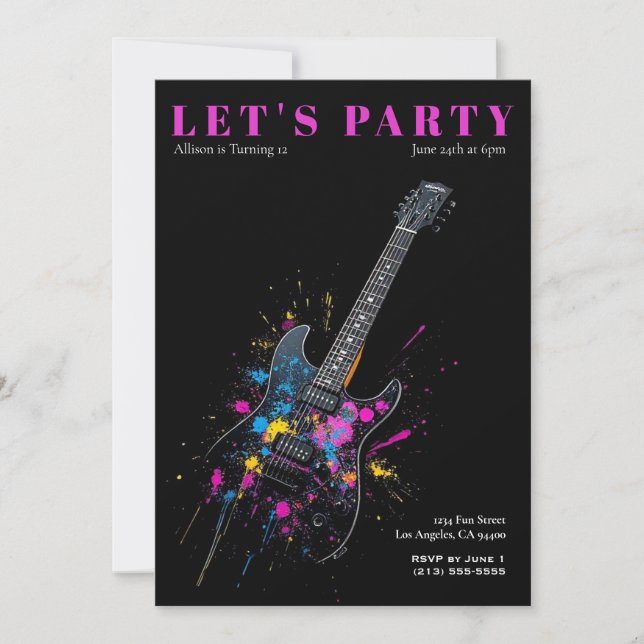 Invitación a la fiesta de cumpleaños de guitarra e (Anverso)