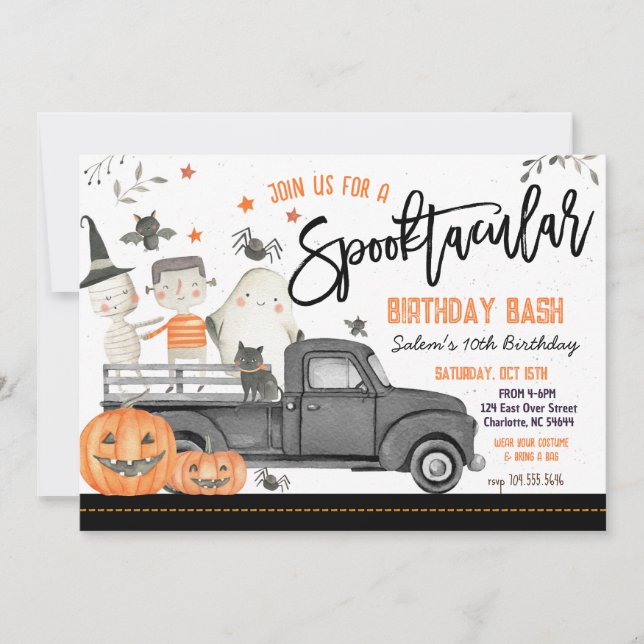 Invitación a la fiesta de cumpleaños de Halloween, (Anverso)