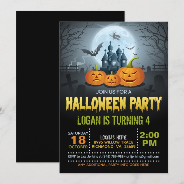 Invitación a la fiesta de cumpleaños de Halloween (Anverso / Reverso)