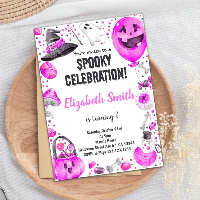 Invitación a la fiesta de cumpleaños de Halloween  (Pink Halloween Invitations)