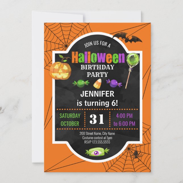Invitación a la fiesta de cumpleaños de Halloween (Anverso)