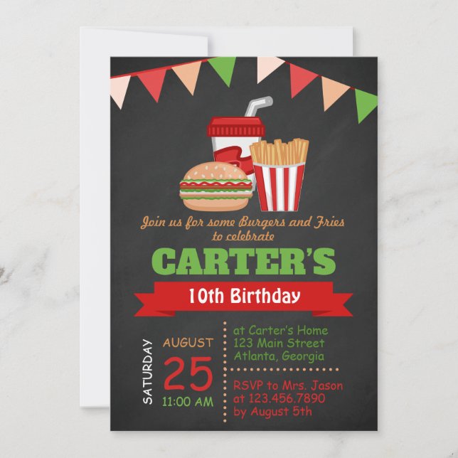 Invitación a la fiesta de cumpleaños de hamburgues (Anverso)