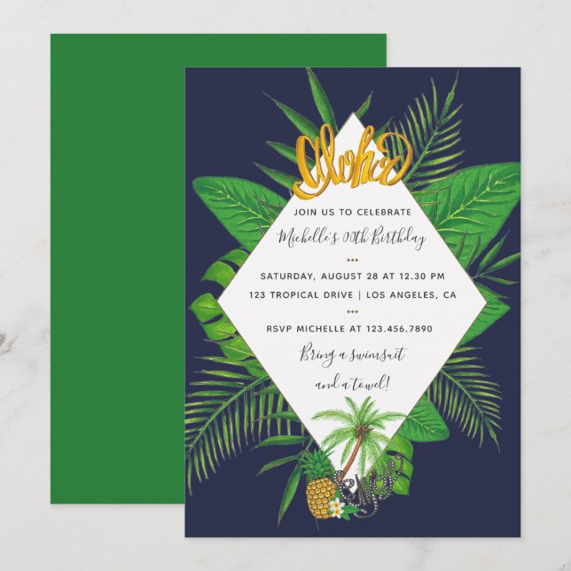 Invitación a la fiesta de cumpleaños de Hawai Aloh (Anverso / Reverso)