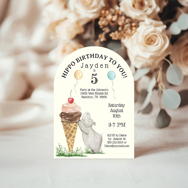 Invitación a la fiesta de cumpleaños de Hippo (Hippo and ice cream cone arched birthday invitation for boys or girls)