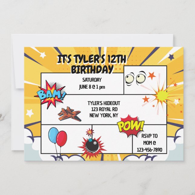 Invitación a la fiesta de cumpleaños de historieta (Anverso)