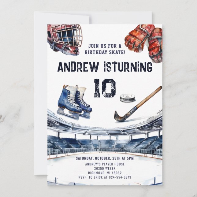 Invitación a la fiesta de cumpleaños de hockey sob (Anverso)