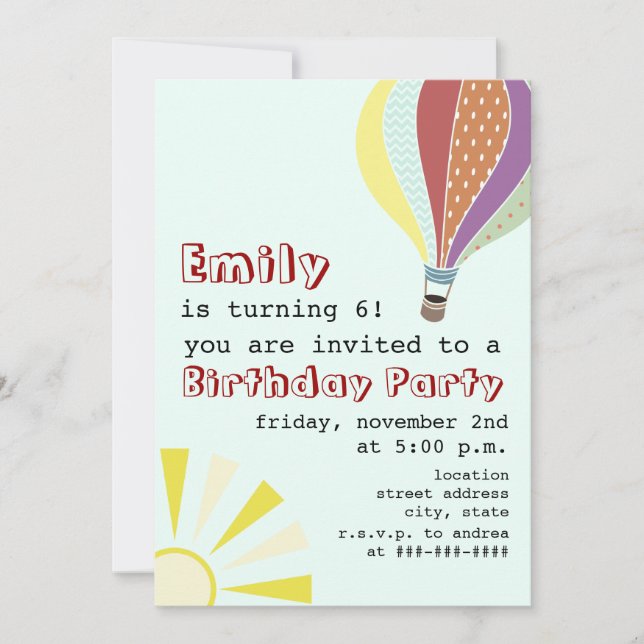 Invitación a la fiesta de cumpleaños de Hot Air Ba (Anverso)