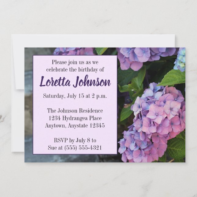 Invitación a la fiesta de cumpleaños de Hydrangea  (Anverso)