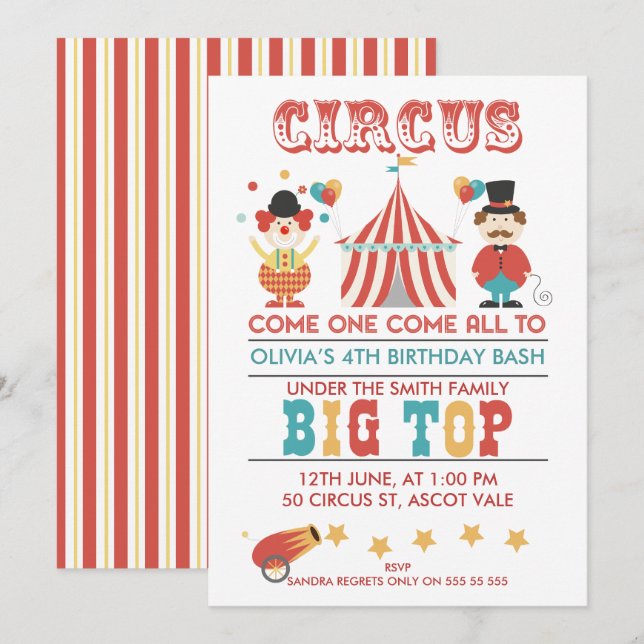 Invitación a la fiesta de cumpleaños de Kids Circu (Anverso / Reverso)