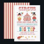 Invitación a la fiesta de cumpleaños de Kids Circu<br><div class="desc">La invitación para asistir a la fiesta de cumpleaños del circo infantil incluye un maestro de ringmacho, payaso, una carpa de circo y un cañón y estrellas en la base de la invitación. La parte posterior de la invitación presenta un patrón rayado blanco, rojo y amarillo. Quería crear más invitaciones...</div>