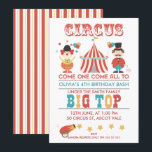 Invitación a la fiesta de cumpleaños de Kids Circu<br><div class="desc">La invitación para asistir a la fiesta de cumpleaños del circo infantil incluye un maestro de ringmacho, payaso, una carpa de circo y un cañón y estrellas en la base de la invitación. La parte posterior de la invitación presenta un patrón rayado blanco, rojo y amarillo. Quería crear más invitaciones...</div>