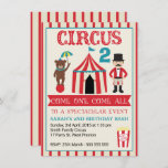 Invitación a la fiesta de cumpleaños de Kids Circu<br><div class="desc">Esta invitación para la fiesta de cumpleaños de los niños de circo incluye una carpa de circo, un maestro de anillo, un oso, palabra dibujada, palomitas y pancartas. El área de texto es de color beige con un contorno azul prosaico y el borde está formado por un patrón de rayas...</div>