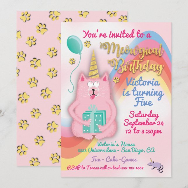 Invitación a la fiesta de cumpleaños de Kitty cat  (Anverso / Reverso)