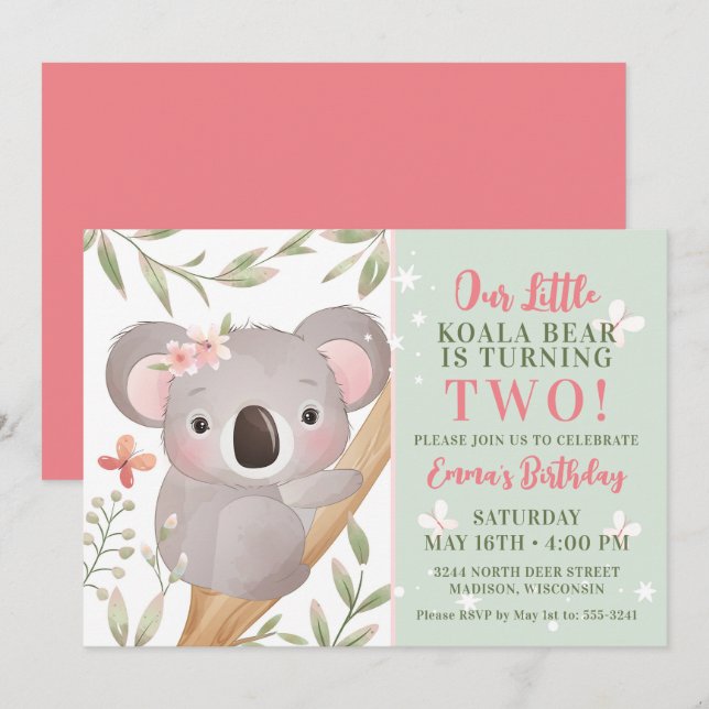 Invitación a la fiesta de cumpleaños de Koala chic (Anverso / Reverso)