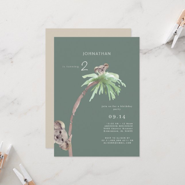 Invitación a la fiesta de cumpleaños de Koala Sage (Anverso/Reverso In Situ)