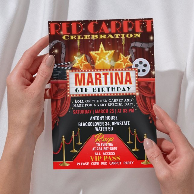 Invitación a la fiesta de cumpleaños de la alfombr (Red Carpet Birthday Party Invitation )