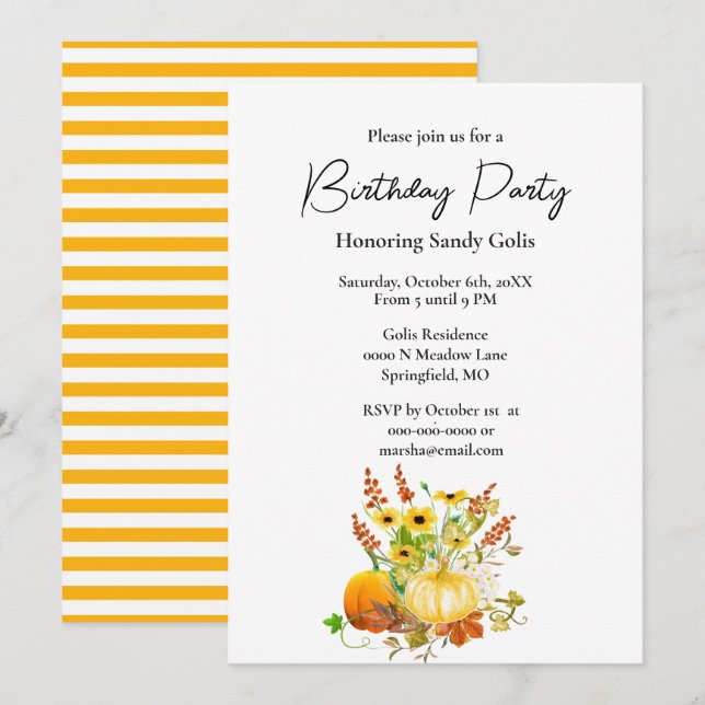 Invitación a la fiesta de cumpleaños de la calabaz (Anverso / Reverso)