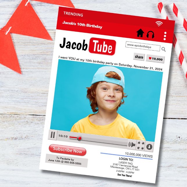 Invitación a la fiesta de cumpleaños de la foto en (Become a social media star for the day with this Youtube inspired birthday invitation.)