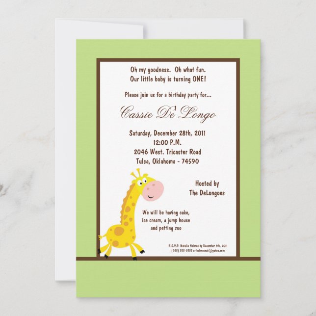 Invitación a la fiesta de cumpleaños de la jirafa  (Anverso)