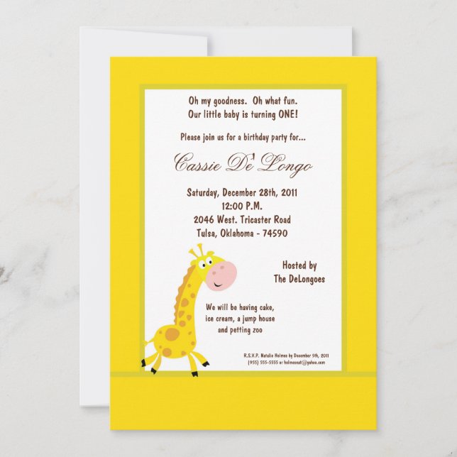 Invitación a la fiesta de cumpleaños de la jirafa  (Anverso)