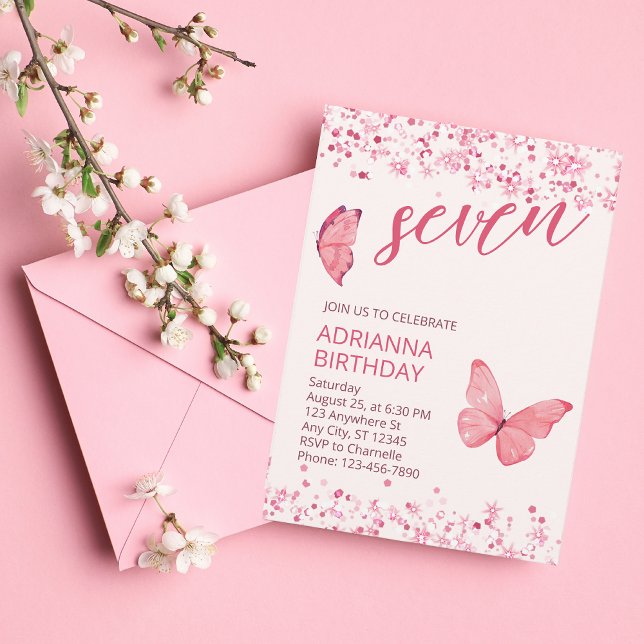 Invitación a la fiesta de cumpleaños de la maripos (Whimsical Pink Butterfly Invitation)