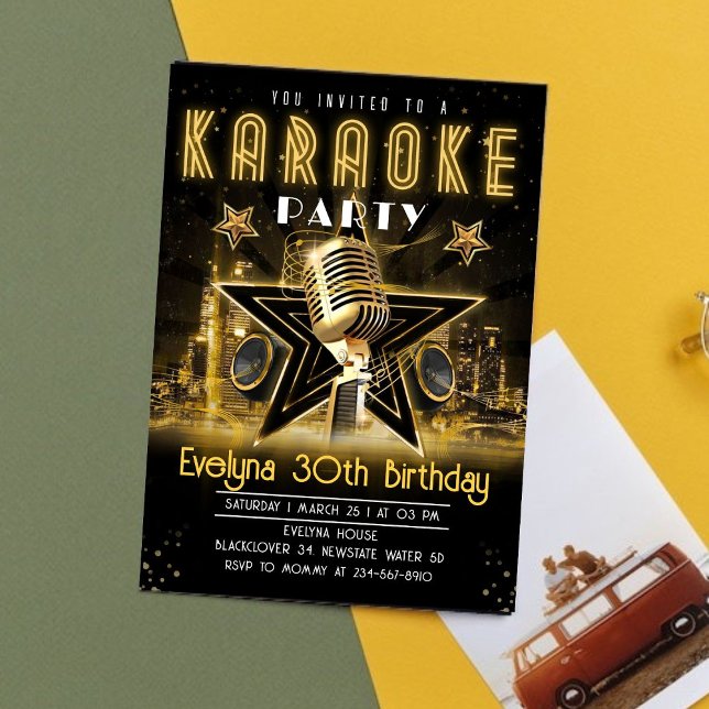 Invitación a la fiesta de cumpleaños de la noche d (Karaoke Birthday Invitation)