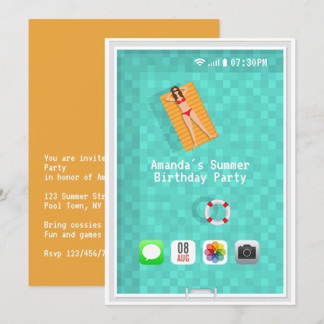 Invitación a la fiesta de cumpleaños de la piscina (Anverso / Reverso)