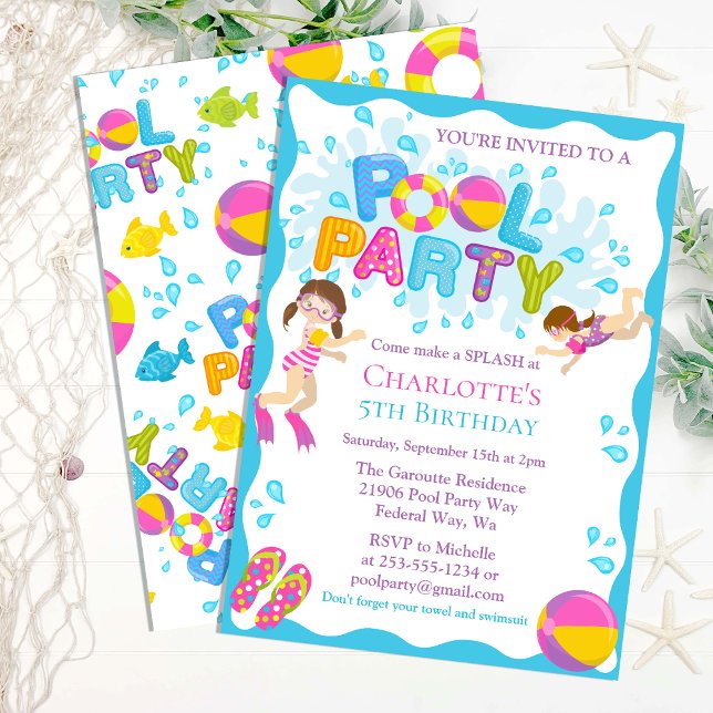 Invitación a la fiesta de cumpleaños de la piscina (Summer Pool Birthday Party Invitation)