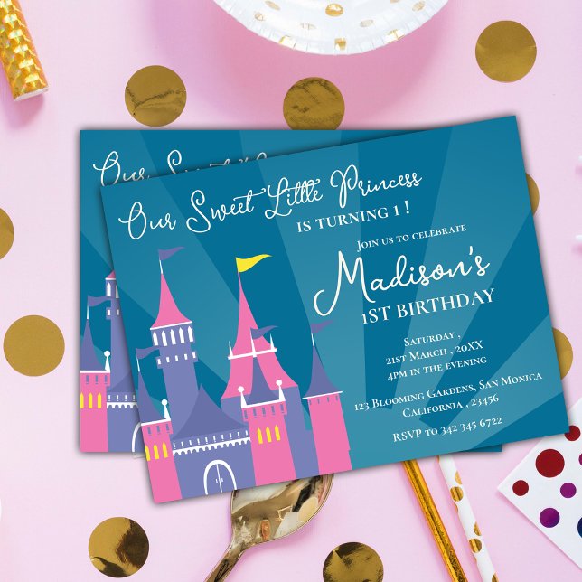 Invitación a la Fiesta de Cumpleaños de la Princes (Blue Pink Sweet Princess Birthday Party Invitation Postcard)