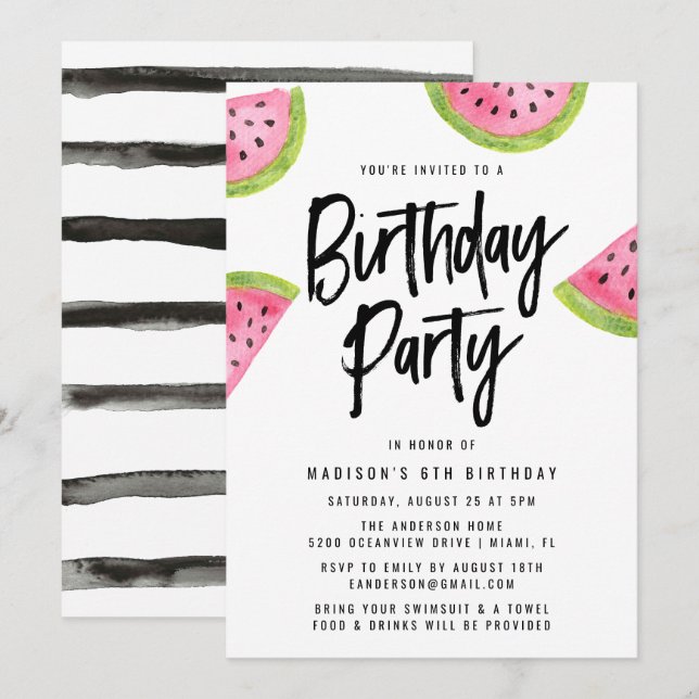 Invitación a la fiesta de cumpleaños de la sandía  (Anverso / Reverso)