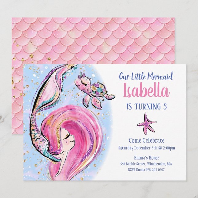 Invitación a la fiesta de cumpleaños de la sirena  (Anverso / Reverso)