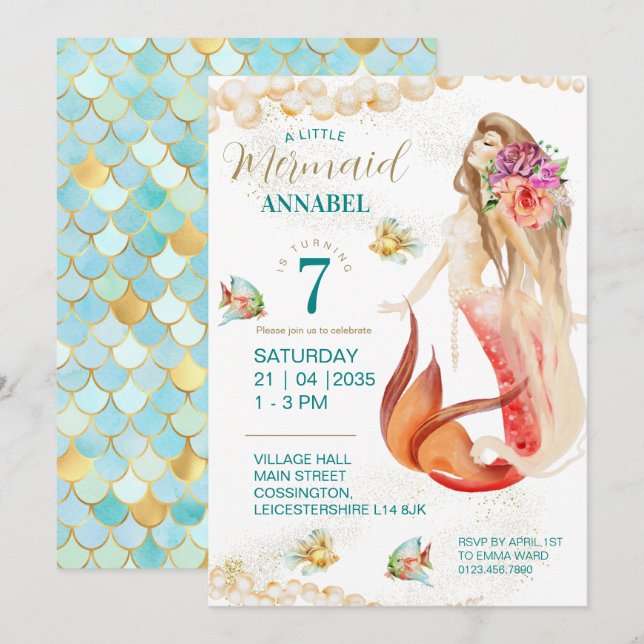 Invitación a la fiesta de cumpleaños de la sirena (Anverso / Reverso)