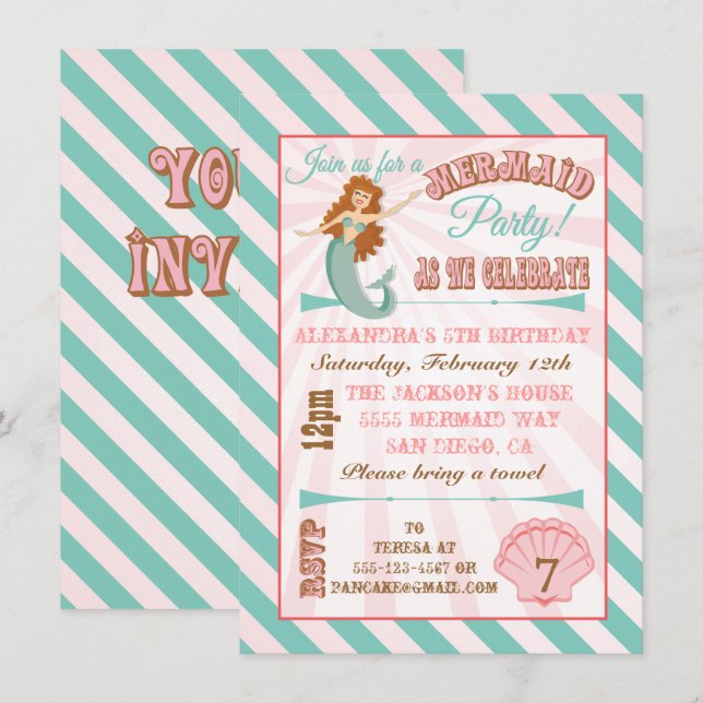 Invitación a la fiesta de cumpleaños de la sirena  (Anverso / Reverso)