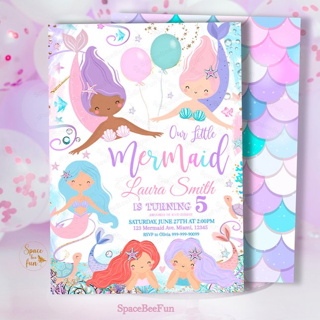 Invitación a la fiesta de cumpleaños de la sirena  (Mermaid,Birthday Party,Invitation mermaid,Sea Mermaid,Party invite,Under The Sea,Pool Magical party,)