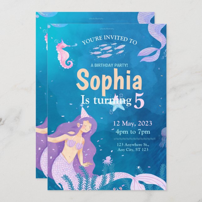 Invitación a la fiesta de cumpleaños de la sirena  (Anverso / Reverso)