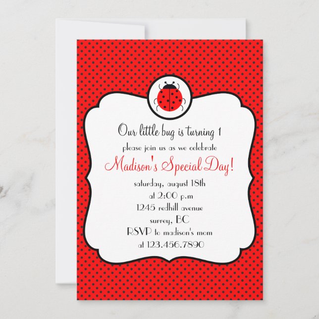 Invitación a la fiesta de cumpleaños de ladybug en (Anverso)