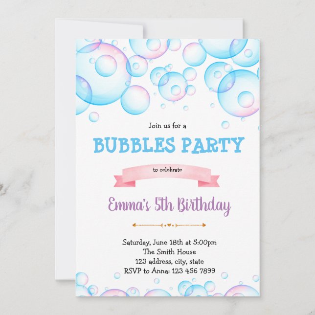 Invitación a la fiesta de cumpleaños de las burbuj (Anverso)
