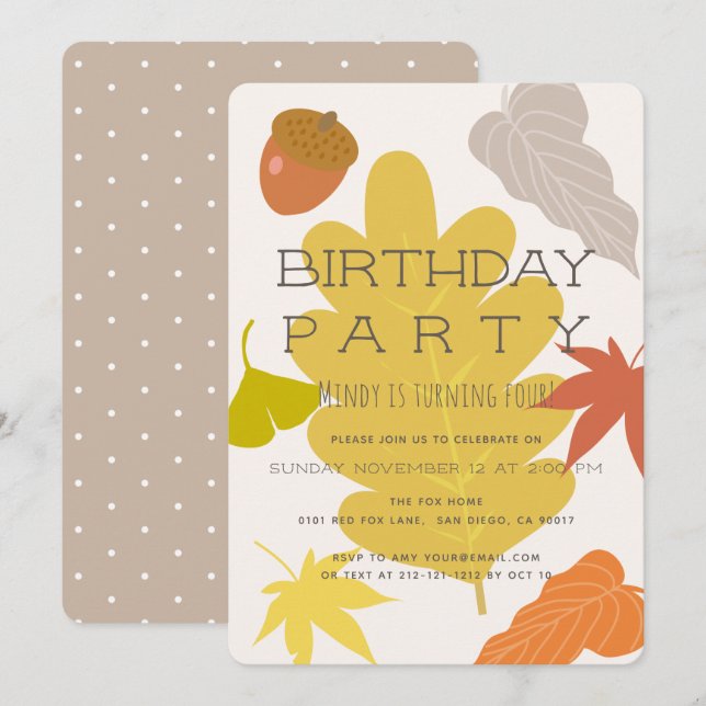 Invitación a la fiesta de cumpleaños de las hojas  (Anverso / Reverso)