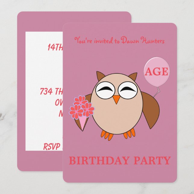 Invitación a la fiesta de cumpleaños de lechuza de (Anverso / Reverso)