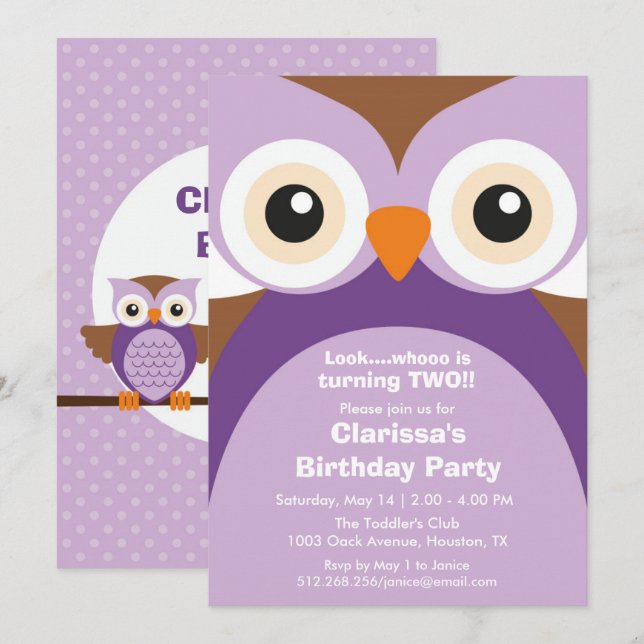 Invitación a la fiesta de cumpleaños de Lechuza Pú (Anverso / Reverso)