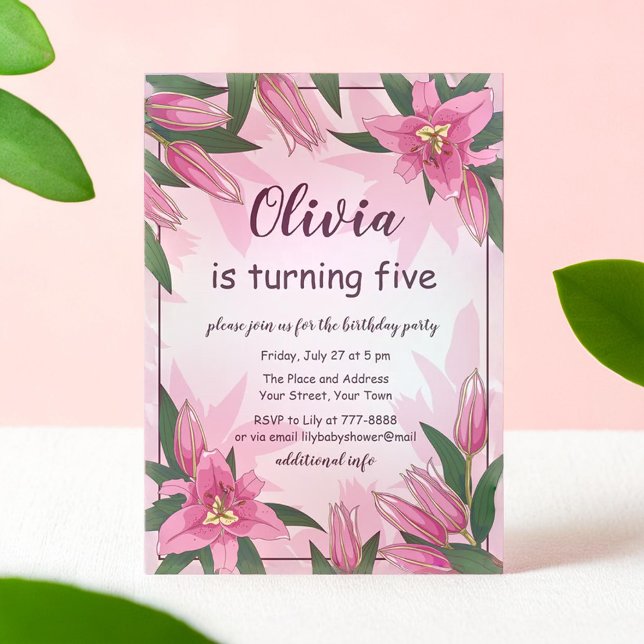 Invitación a la fiesta de cumpleaños de Lilies con (Pink Blooming Lilies Birthday Party Invitation)