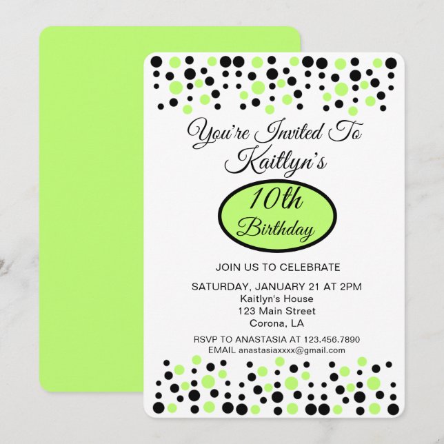 Invitación a la fiesta de cumpleaños de Lime Green (Anverso / Reverso)