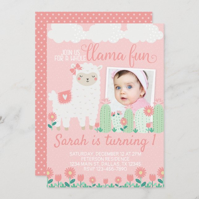 Invitación a la fiesta de cumpleaños de Llama Alpa (Anverso / Reverso)