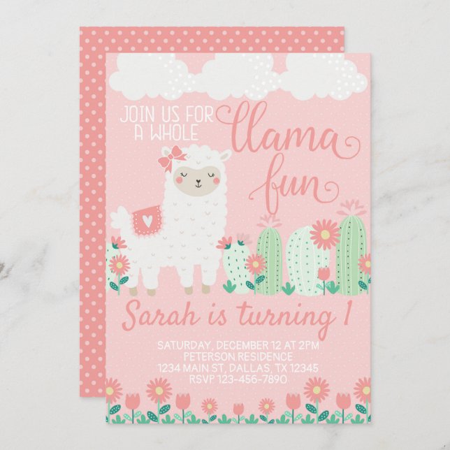 Invitación a la fiesta de cumpleaños de Llama Alpa (Anverso / Reverso)