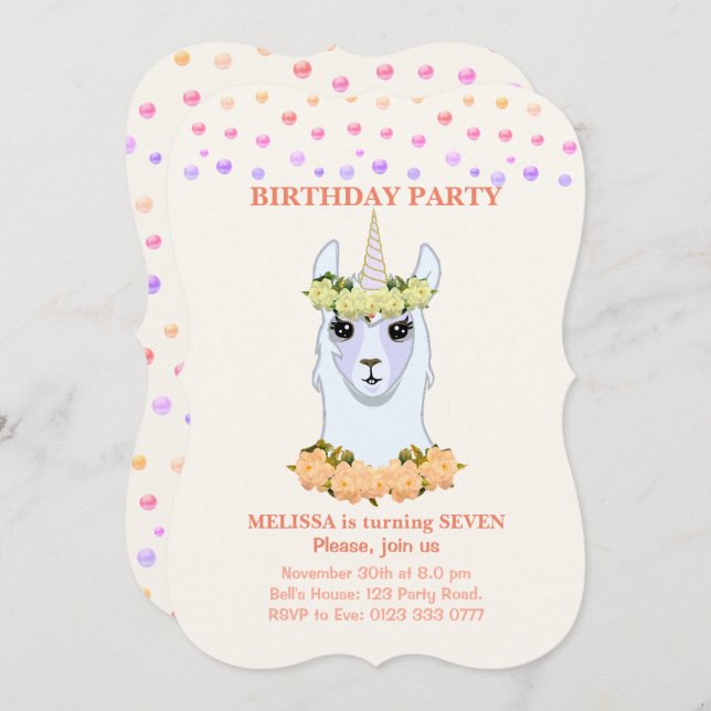 Invitación a la fiesta de cumpleaños de Llama-corn (Anverso / Reverso)