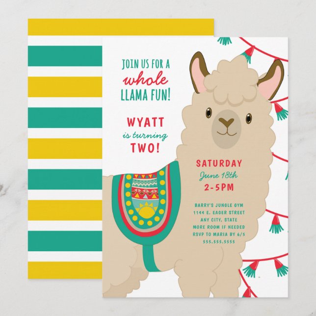Invitación a la fiesta de cumpleaños de Llama, gén (Anverso / Reverso)