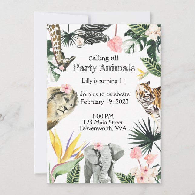 Invitación a la fiesta de cumpleaños de los animal (Anverso)
