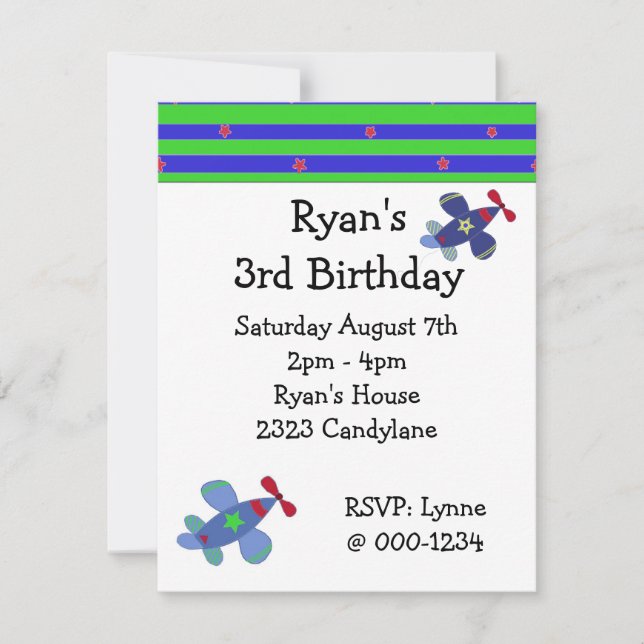 Invitación a la fiesta de cumpleaños de los avione (Anverso)