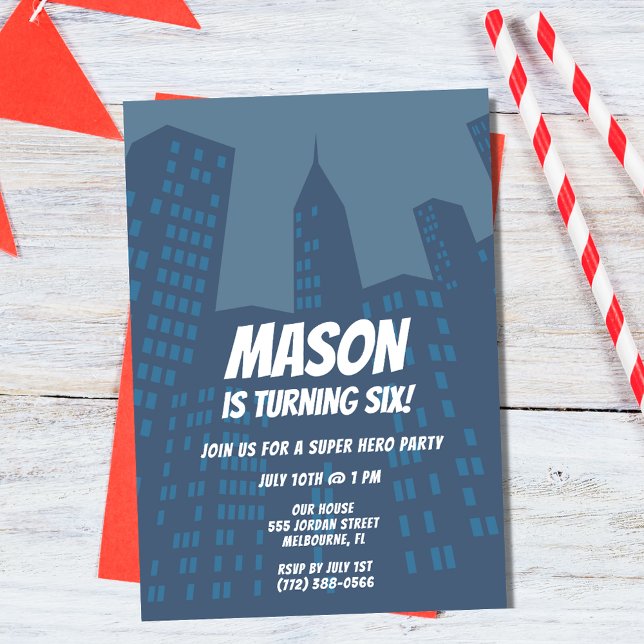 Invitación a la fiesta de cumpleaños de los chicos (Boys Superhero City Birthday Party Invitation)